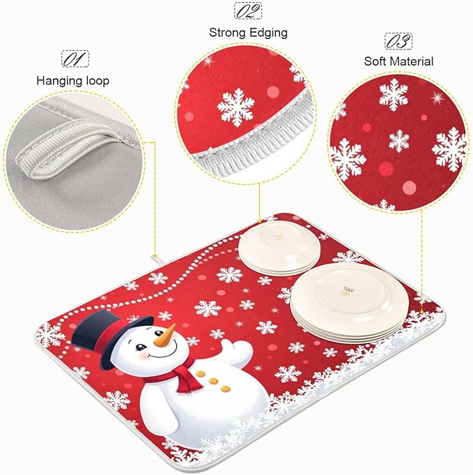 Christmas Snowflakes Snowman Dish Drying Mat 16 X 18 Inch Xmas Snowmen Winter Santa Dry Dishes Pads Tableware Mats Protector for Kitchen Countertops Counter Home Decorations