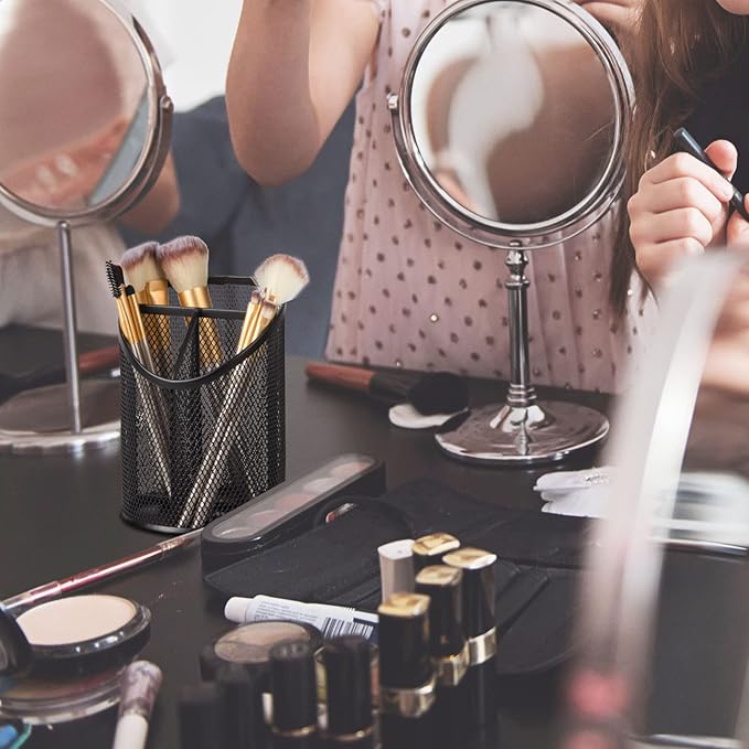 2 Pack Pen Holder Mesh Round Pencil Holder Desktop Organizer 3 Compartments, Black