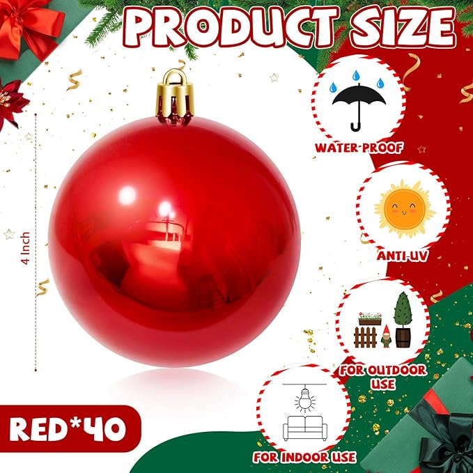 60 Pcs Christmas Ball Ornaments 4 Inch UV Resistant and Waterproof Shatterproof Shiny Plastic Christmas Tree Hanging Ornaments Decoration for Indoor Outdoor Holiday Party(Red)