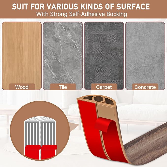 Floor Cord Cover Self Adhesive Cord Hider Floor Extension Cord Covers for Floor Power Cord Protector Cable Management Prevent Cable Trips Cable Cavity 0.32" W x 0.32" H (Smoked Brown Wood, 20Ft)