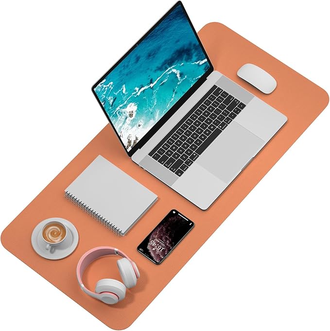 Hsurbtra Desk Pad, 35.5" x 17" PU Leather Desk Mat, XXL Extended Mouse Pad, Waterproof Desktop Blotter Protector, Non-Slip Ultra Thin Large Laptop Keyboard Writing Mat for Office Home, Orange Pink