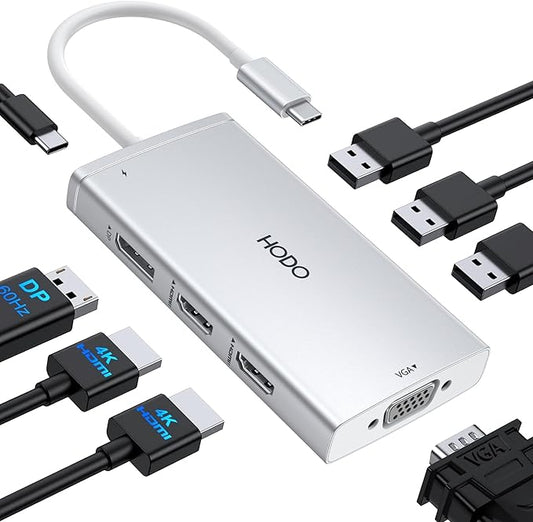 USB C Docking Station Dual Monitor Adapter for Dell HP, Laptop Docking Station 3 Monitors Quadruple Display USB C Hub Dongle to 4K HDMI+DisplayPort+VGA,100W PD, 3USB2.0, 8 in 1 Thunderbolt Dock