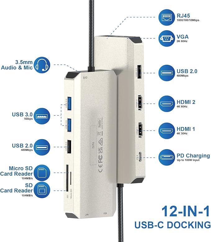 WAVLINK USB C Docking Station Dual Monitor for Dell HP Surface Lenovo MacBook Laptop, Triple Display USB-C Hub Multiport Adapter Dongle- 2 HDMI, VGA, Ethernet,100W PD, 5 USB, SD/TF Card Reader,Audio