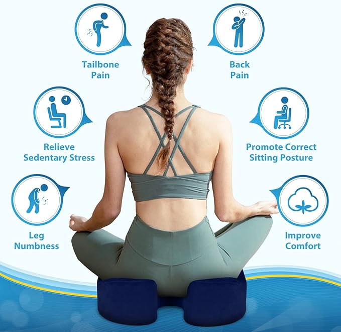 BlissTrends Seat Cushion,5.2in Thick Memory Foam Cushions for Office Chair, Car Seat, Airplane, Relieving Pressure Tailbone Sciatica Back Pain for Long Sitting Office Workers, Car Drivers Blue