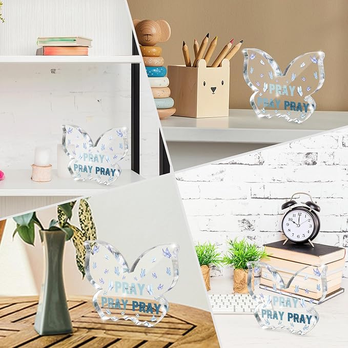 Blue Religious Plaques Christian Woman Decor Gifts, Blue Christian Gifts for Women, Modern Home Office Room Bathroom Bedroom Desk Accessory -Pray On It Pray Over It -Bible Verse Sign(Butterfly)