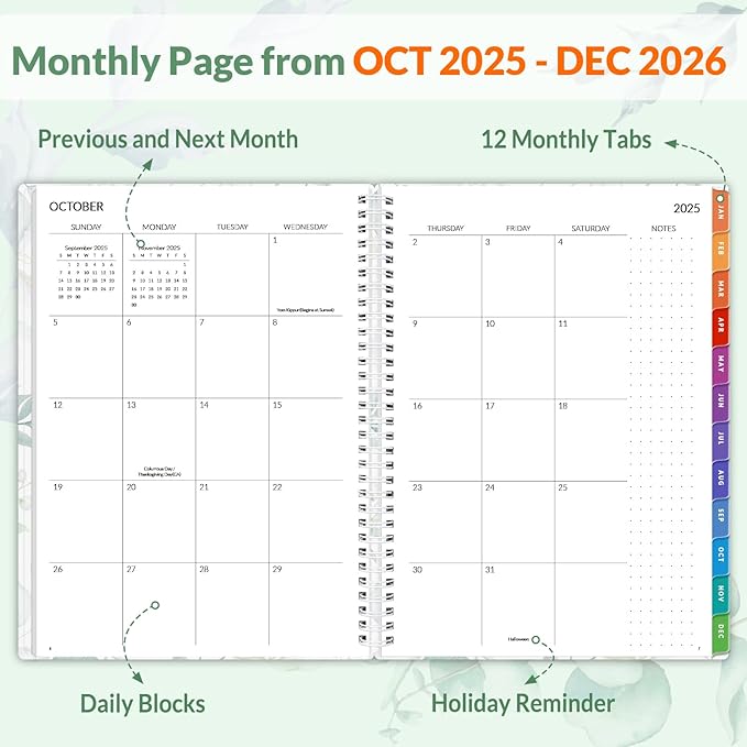SUNEE 2026 Weekly and Monthly Planner - January 2026-December 2026, 8.5"x11" Half Weekly Half Note, Daily Agenda Planner with PVC Waterproof Cover, Monthly Tab, Note, Pockets, Bookmark, Leaf