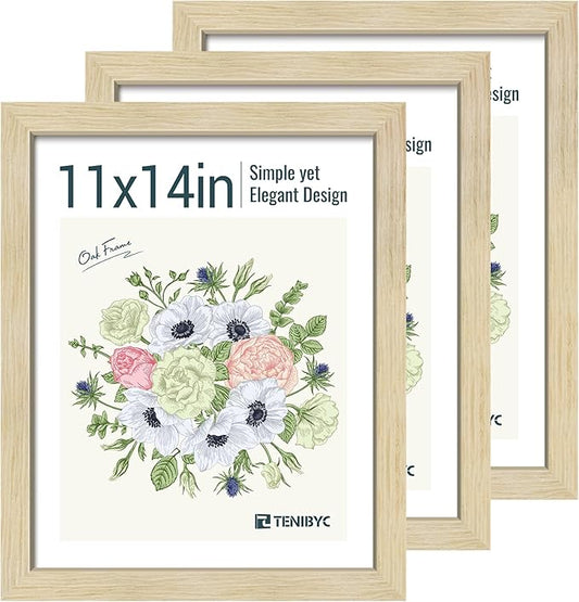 11x14 Picture Frames Set - 3 Pack - Natural Oak Wood - Tempered Glass - for Wall Photos, Family Memories, Posters & Puzzles, Home Decor