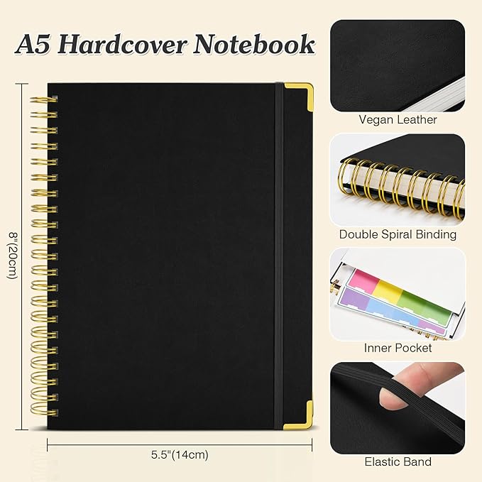 Bullet Dotted Journal Spiral Notebook, 300 Pages Leather Notebooks with Contens, 120 GSM Thick No Bleed Through Paper Journals, A5 Dot Grid Notebook for Women Men School Work Writing, 5.5" x 8", Black