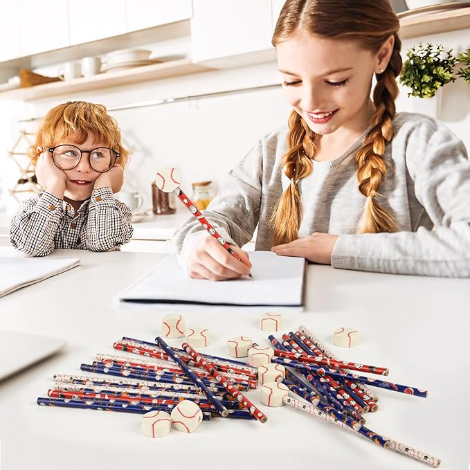 48 Pcs Baseball Pencils and Erasers for Birthday Gifts Baseball Favors Assortment Stationery Pencils for Students Office School Supplies Classroom Rewards.