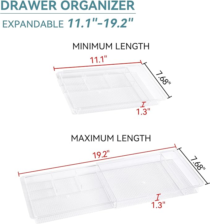 Oubonun Expandable Drawer Organizer 11.1” to 19.2” Width, Shallow Cosmetic Organizer 1.3” Height, 2 Packs, Clear Plastic Storage Trays for Dressing Table,Bathroom