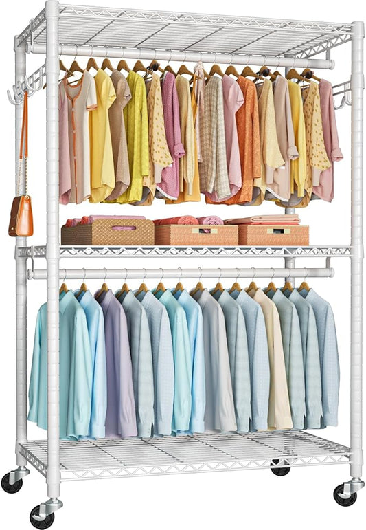 P1 Plus Rolling Clothes Rack, 22mm Diameter Heavy Duty Garment Rack with Wheels, Portable Closet Wardrobe with Double Rods, 45" W x 17.7" D x 80.5" H, Max Load 524 LBS, White