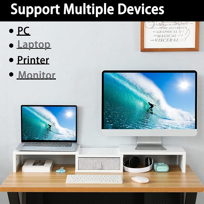 TEAMIX White Dual Monitor Stand Riser with Drawer - Length and Angle Adjustable Double Corner Desk Shelf Organizer 37 inch Long for 2 Laptop/PC/Screen/TV