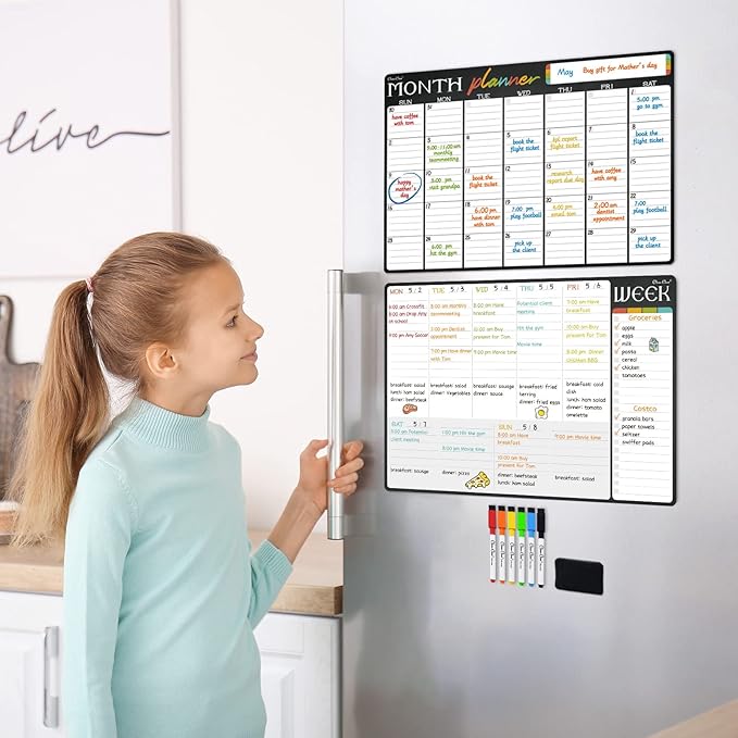 Magnetic Dry Erase Monthly and Weekly Calendar - 17"x12" Monthly and Weekly Whiteboard for Fridge - 6 Extra Fine Point Markers Included - Shipped Flat