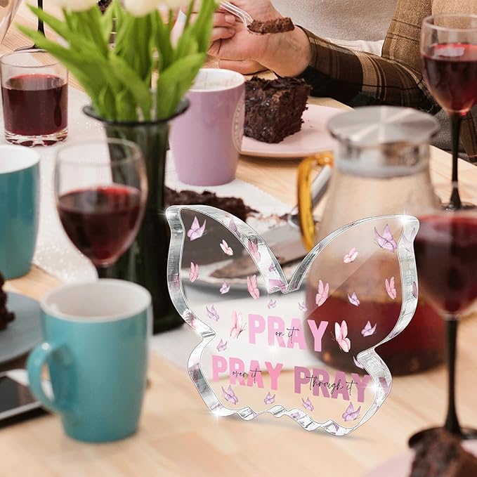 Pink Christian Gifts for Women, Religious Plaques Christian Woman Decor Gifts, Modern Home Office Room Bathroom Bedroom, Pray On It Over It Acrylic Sign for Teacher Boss Friend(Butterfly)