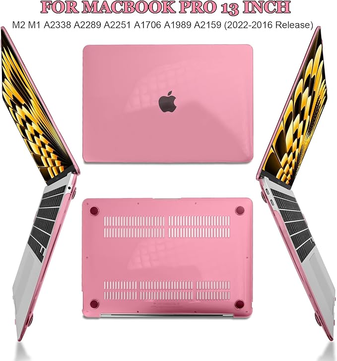 Compatible with 2022 2021 2020 2019 2018 2017 2016 MacBook Pro 13 inch Case M2 M1 Chip A2338 A2289 A2251 A1706 A1989 A2159 Cover, Plastic Hard Shell Case Keyboard Cover Screen Film, Crystal Pink