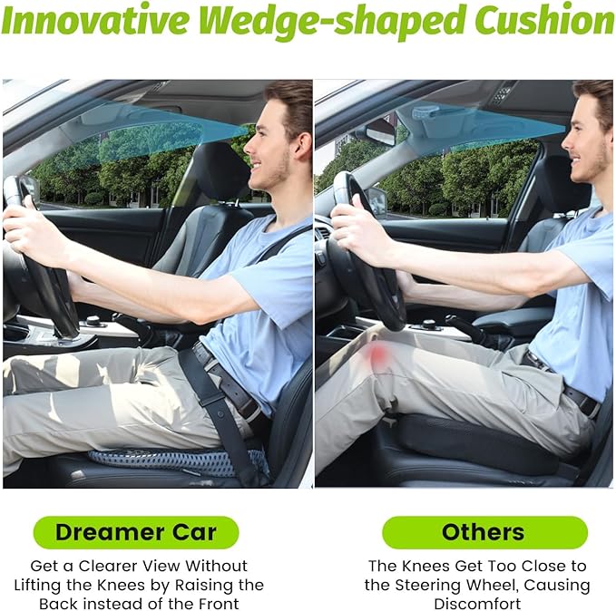 Soft Dense Memory Foam Car Seat Cushion for Driving - Seat Cushion for Car Seat Driver with Wedge Design & Raised Back to Broaden Vision, Provides Comfort for Lower Back & HIPS (Passenger Use Too)