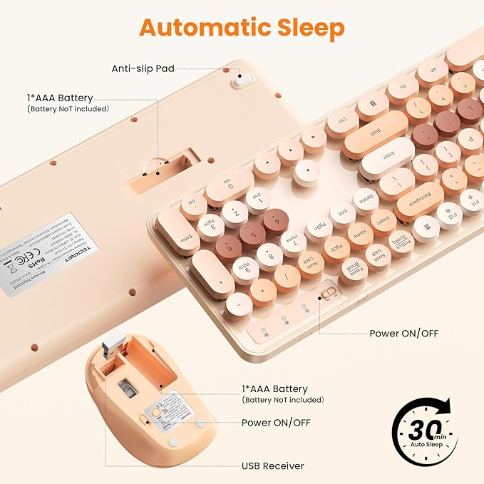 TECKNET Retro Typewriter Keyboard and Mouse Combo, Full Size 2.4G & Bluetooth Dual Mode Wireless Keyboard with Round Keycaps, Colorful Design, Ergonomic Adjustable Tilt, Spill-Resistant, for Windows