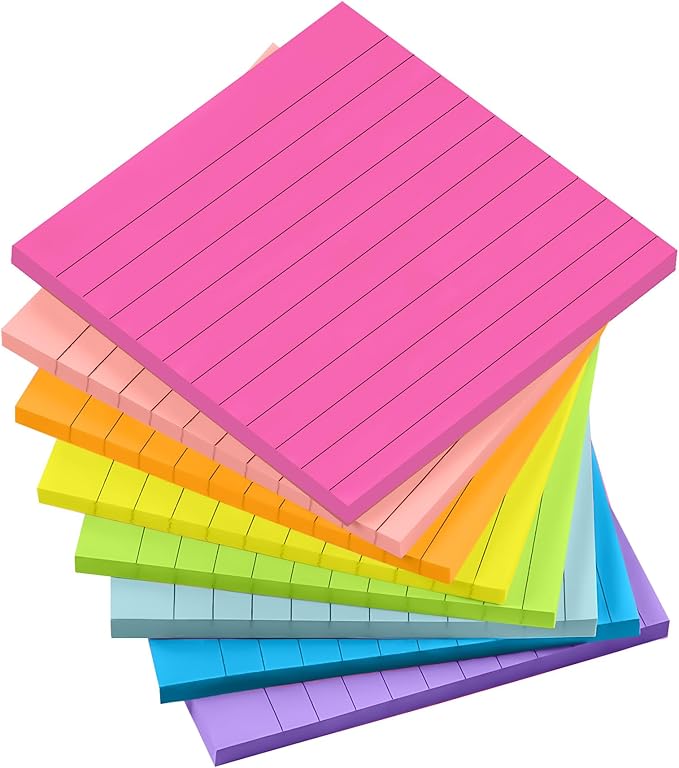 8 Pads Lined Sticky Notes 4x4 inch Self-Stick Notes Bright Colors Sticky Note for Office Home School