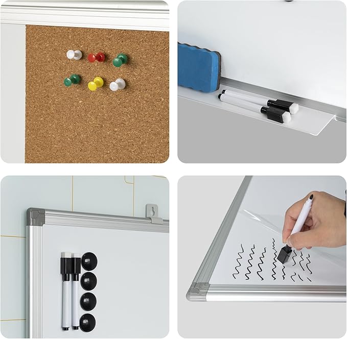 Combination Writeboard 36"x 24" Magnetic Whiteboard & Cork Board Aluminium Frame Dry Erase Board Bulletin Board Wall Mounted Memo Message