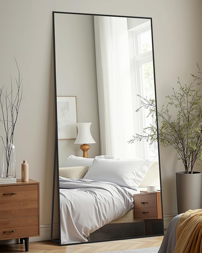 Full-Length Floor Mirror with Stand, 58"x21" Rectangle Style Full Body Standing Mirror for Bedroom, Living Room, Gym, Dorm - Shatter-Resistant & Easy Assembly, Black