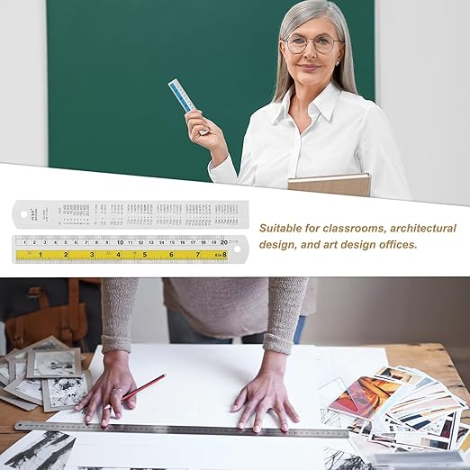 HARFINGTON 4pcs Metal Straight Ruler 20cm Metric SAE Aluminum Alloy Measuring Rulers Scale Tool with Hole for Measure Study Reading Classroom Office, Yellow