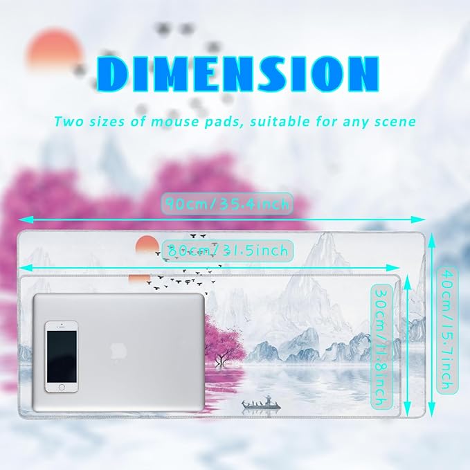 Desk Mat, Cherry Blossom Tree Oil Ink Painting Extended Gaming Mouse Pad Large, 31.5"x11.8" Big Mouse Pad with Non-Slip Base and Stitched Edge, Long Computer Keyboard Mouse Mat for Home Office Work