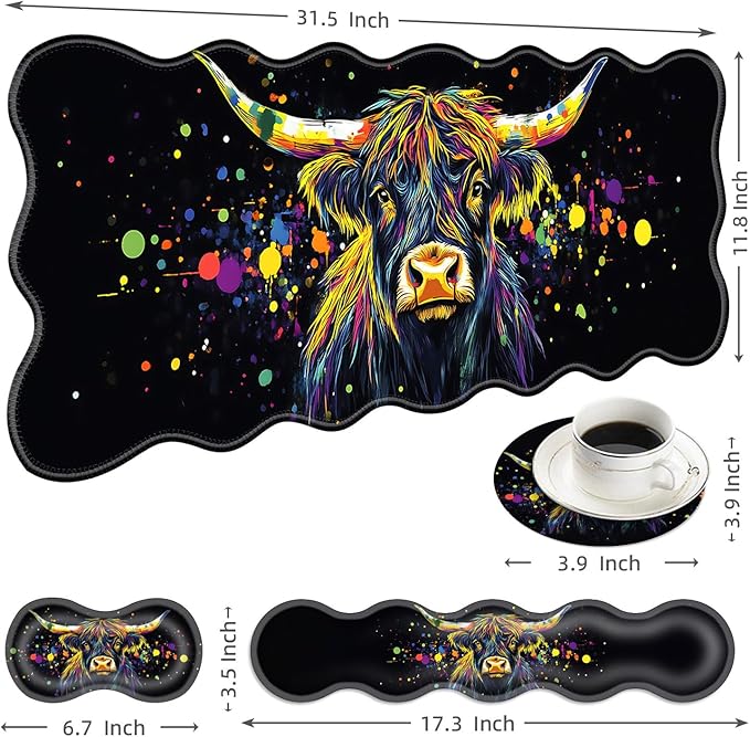 Large Mouse Pad and Keyboard Wrist Rest, Desk Pad for Keyboard and Mouse, 4-in-1 Large Gaming Mouse Pad with Wrist Support, Desk Mat for Home Office Study Game-Colorful Highland Cow
