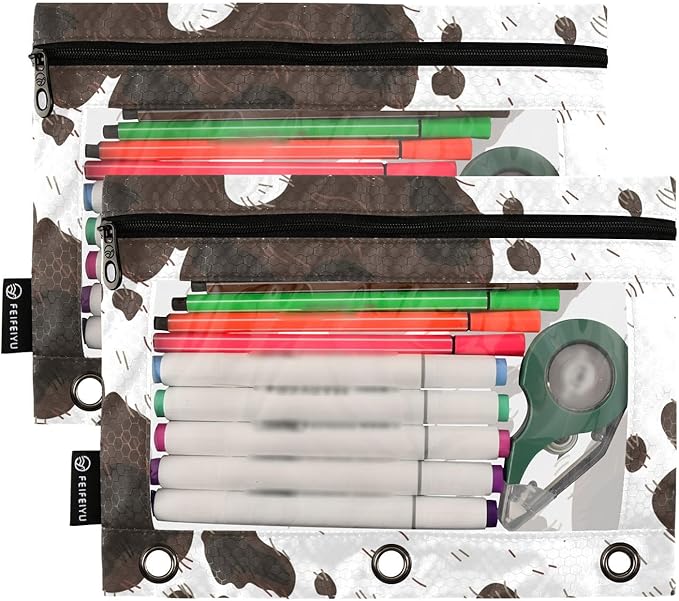 ZAZYXTJ Cow Print Binder Pencil Pouchs 3 Ring with Zipper Clear Window Office Organizers bag for School Students Teacher Supplies 2 Pack