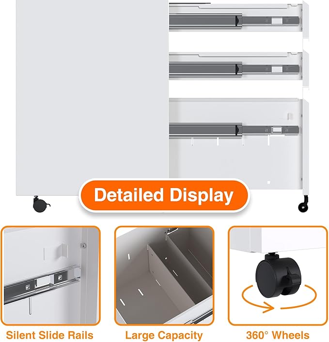 Aobabo Metal 3 Drawer Mobile File Cabinet with Lock, Under Desk Metal Filing Cabinet wiht Wheels, 23.6''H A4/Legal/Letter Size Storage Cabinet, Fully Assembled Except Wheels,White
