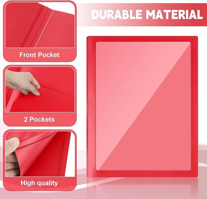 Teling 24 Pcs Plastic Folders with Front Clear Pocket and Business Card Holder 2 Pocket Heavy Duty Folders Plastic Letter Size Paper for Business School Office Supplies (Red)