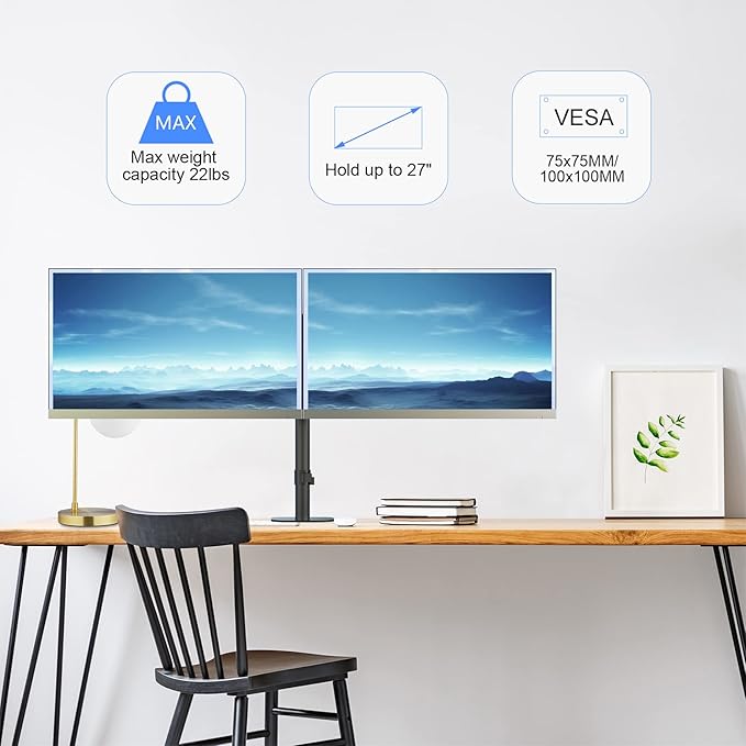 Suptek Monitor Mount, Adjustable Dual Monitor Arm Desk Mount Heavy Duty Monitor Stand fit for 27 inch Monitor Screens up to 22lbs,Black(MD9442)