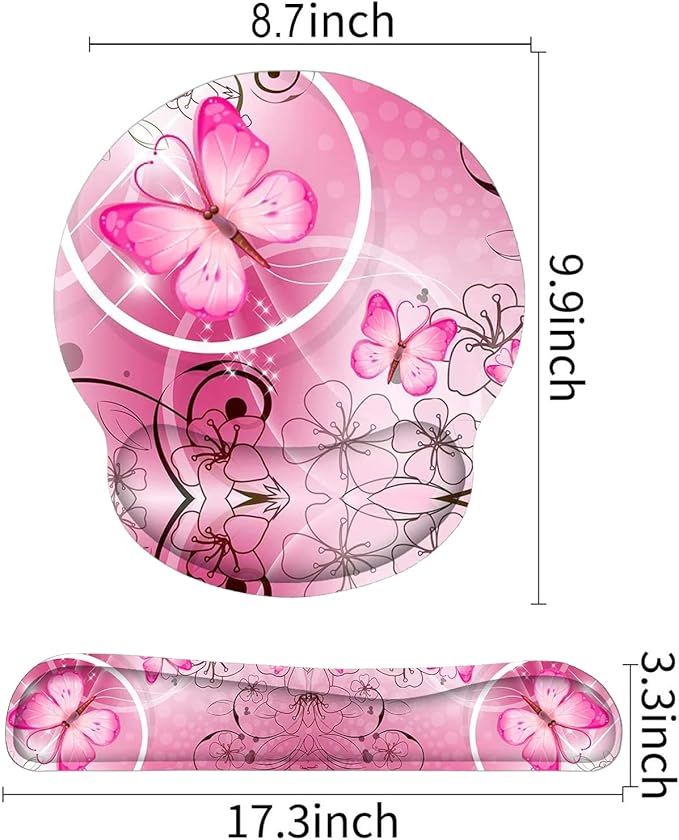 RICHEN Keyboard Wrist Rest and Mouse Pad with Wrist Support, Memory Foam Set for Gaming and Office, Comfortable & Lightweight for Easy Typing & Pain Relief (Pink Butterfly)