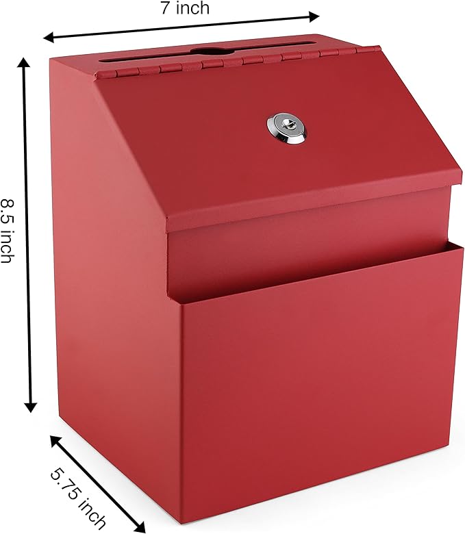 Suggestion Box with Lock and keys, Metal Wall Mounted Ballot Box, Iron steel Donation and Collection Drop Box 8.5" H x 6" W x 7" L with wide 5.5" Slot and front sheet holder (Red)
