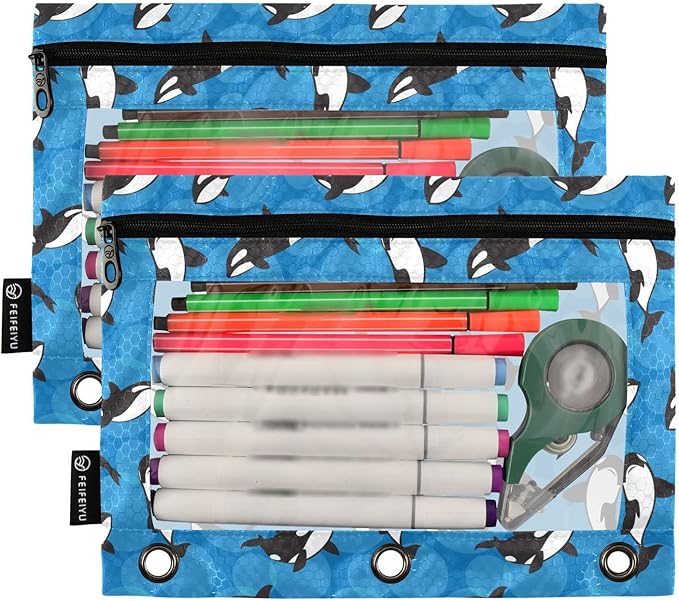 ALAZA Pencil Pouch for 3 Ring Binder, Orca Killer Whale on Blue Background Binder Pencil Pouches with Clear Window Zipper Pencil Case Cosmetic Bags for Office College Supplies, 2PCS