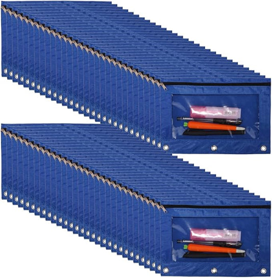 YoeeJob 60 Pack Zipper Pencil Pouch for 3 Ring Binder with Clear Window for School and Office Supplies (Blue)