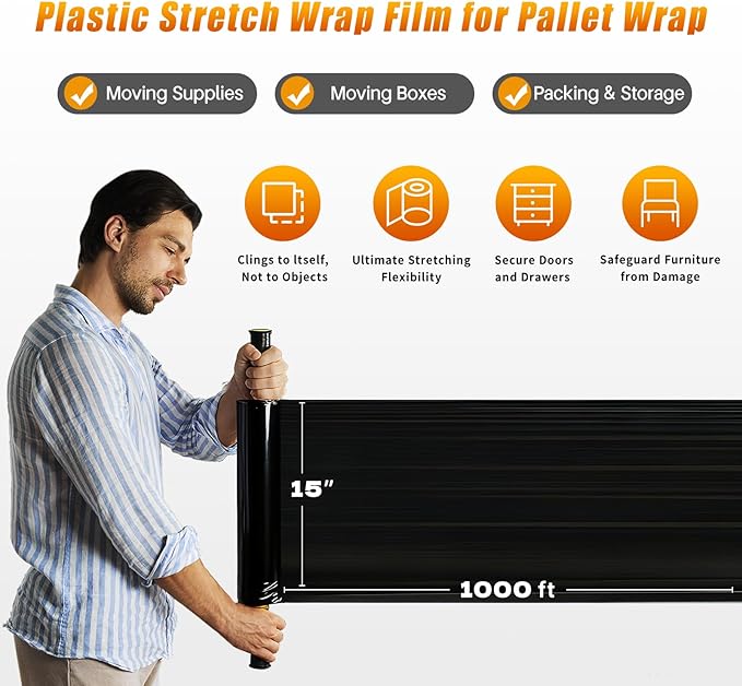 BETU Plastic Wrap Stretch Film for Moving Supplies 15inch X 1000ft, Shrink Wrap Stretch Roll Industrial for Furniture Wrapping Shipping Pallet Moving Boxes Storage with Handles, 1 Pack, Black