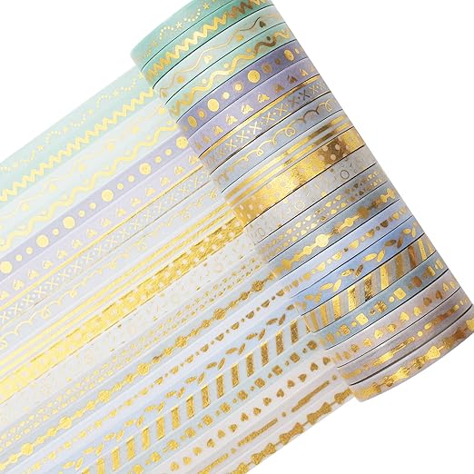 YUBX Skinny Gold Washi Tape Set Basic Foil Print Decorative Masking Tapes for Arts, DIY Crafts, Journals, Planners, Scrapbook, Wrapping (Lavender)
