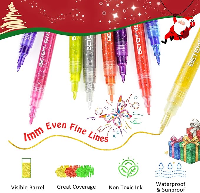 Betem Glitter Markers Pen, 12 Colors Sparkly and Shiny Metallic Markers Fine Tip Water-based Ink Glitter Pens For Scrapbooking Supplies, Glass, Mugs, Rock Painting, Cards, Christmas Gifts for Teens