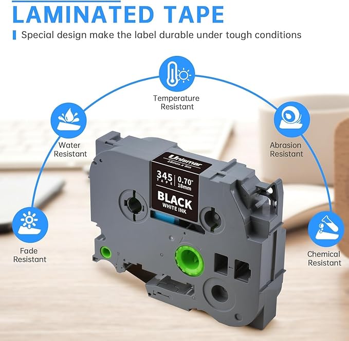 Unismar TZe-345 Compatible for Brother Ptouch 18mm 0.7 Laminated White on Black Label Tape TZ345 TZ Tape Work for PT-D400AD PT-D410 PT-D600 PT-D400 PT-2700 PT-1880 Label Maker, 3/4'' x 26.2', 4-Pack