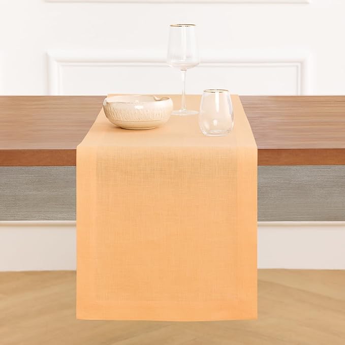 Solino Home Linen Peach Table Runner 60 Inches - 100% Pure Linen Short Table Runner 14 x 60 Inch Ideal for Dresser and Coffee Tables - Fete