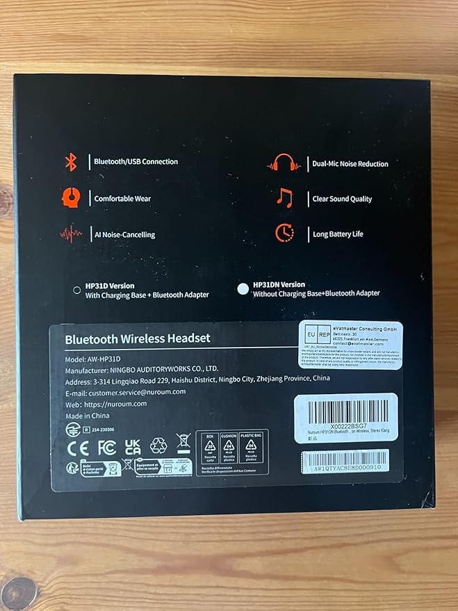 NUROUM Wireless Headset with Mic for Work, Bluetooth Headset with Noise Cancelling Microphone, Mute Button, USB for PC/Computer/Laptop for Zoom/Teams, Office/Call Center/Work from Home HP31DN