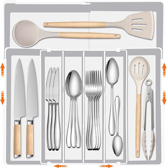 Silverware Organizer - Expandable Silverware Tray for Drawer, Adjustable Utensil Drawer Organizer for Forks, Knives, Kitchen Organizers and Storage, White
