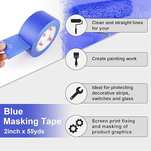 BOMEI PACK 10 Rolls Painters Tape 2 inch Wide, Painter's Tape Blue Masking Tape 2 inch x 55 Yards for Walls Painting, Home Improvement and School Projects, Total 550 Yards