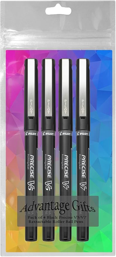 Precise V5/V7 Stick Rolling Ball Pens, Fine and Extra Fine Point, Assorted Points Black Ink, 4-pk; Bundle with Plastic Reusable Pouch