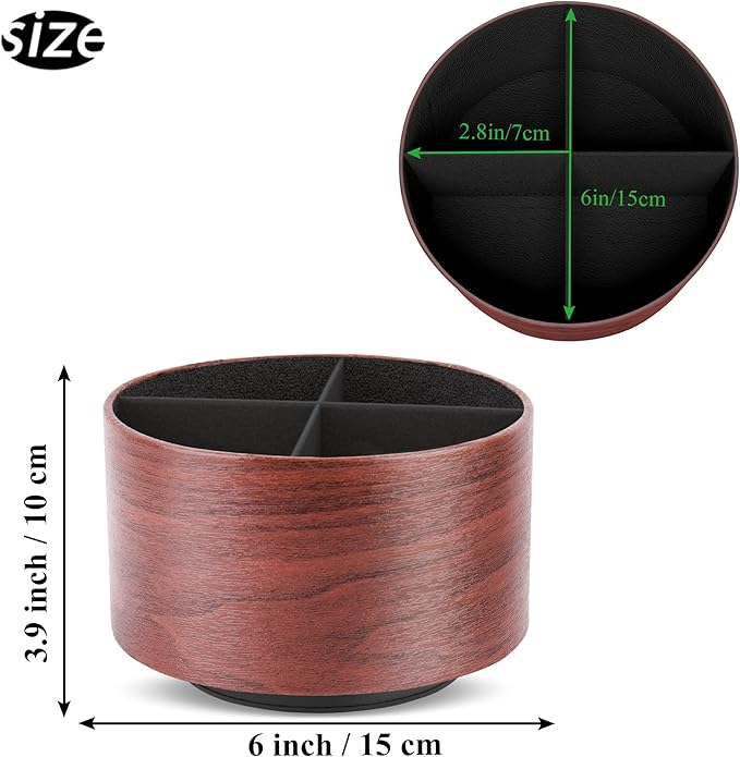 Hennaja Round Leather Art Supply Organizer,Remote Control Holder,360 Degree Spinning,Multi-Functional Pencil Holder,4 Compartments Desktop Stationary Organizer(1-Light Brown2)