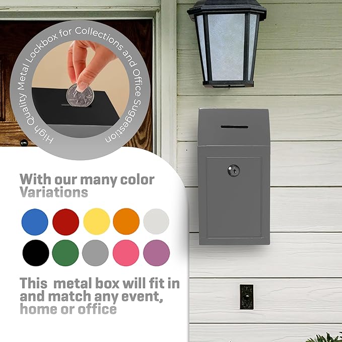 Metal Donation Box-Suggestion Box with Slot and lock-Cash Lock box for Money-Secure Drop Box-Comment and ballot voting box-comes with pre-drilled holes for easy wall mounting 10 X 6 X 2.5"(Grey)