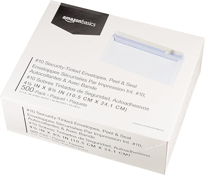 Amazon Basics 10 Security-Tinted Self-Seal Business Letter Envelopes, Peel & Seal Adhesive Closure, White, 500-Pack