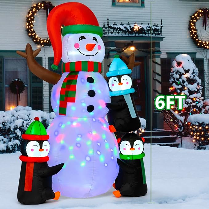 Christmas Inflatables Outdoor Decorations, Sizonjoy 6FT Snowman and Penguins Christmas Decorations with Rotating Colorful LED Lights Blow Up Yard Decorations for Lawn Garden Xmas Party
