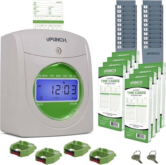 uPunch HN3540 Complete Small Business Start-Up Kit: AutoAlign Time Clock System with 400 Time Cards, 4 Ribbons, and 2 Racks