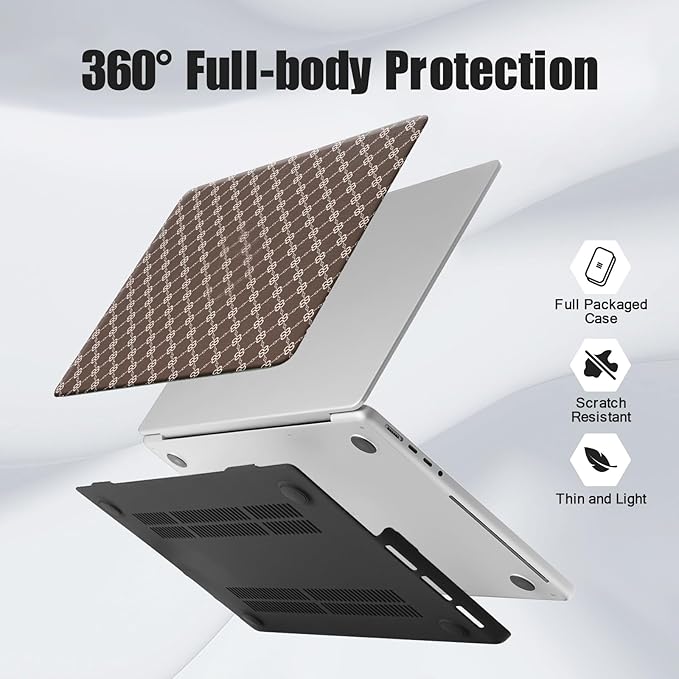 Compatible with MacBook Air 13 inch Case 2025 2024 2023 2022 M4 A3240 M3 A3113 M2 A2681, Luxury Checkered Textured Vintage Leather Plastic Hard Shell Case for MacBook Air 13.6 M4+Keyboard Cover, Brown